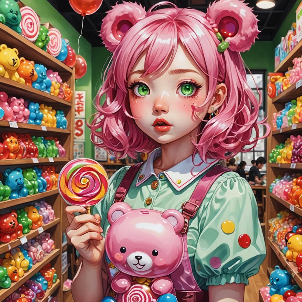 Anime-Style Portrait of a Girl in a Candy Shop