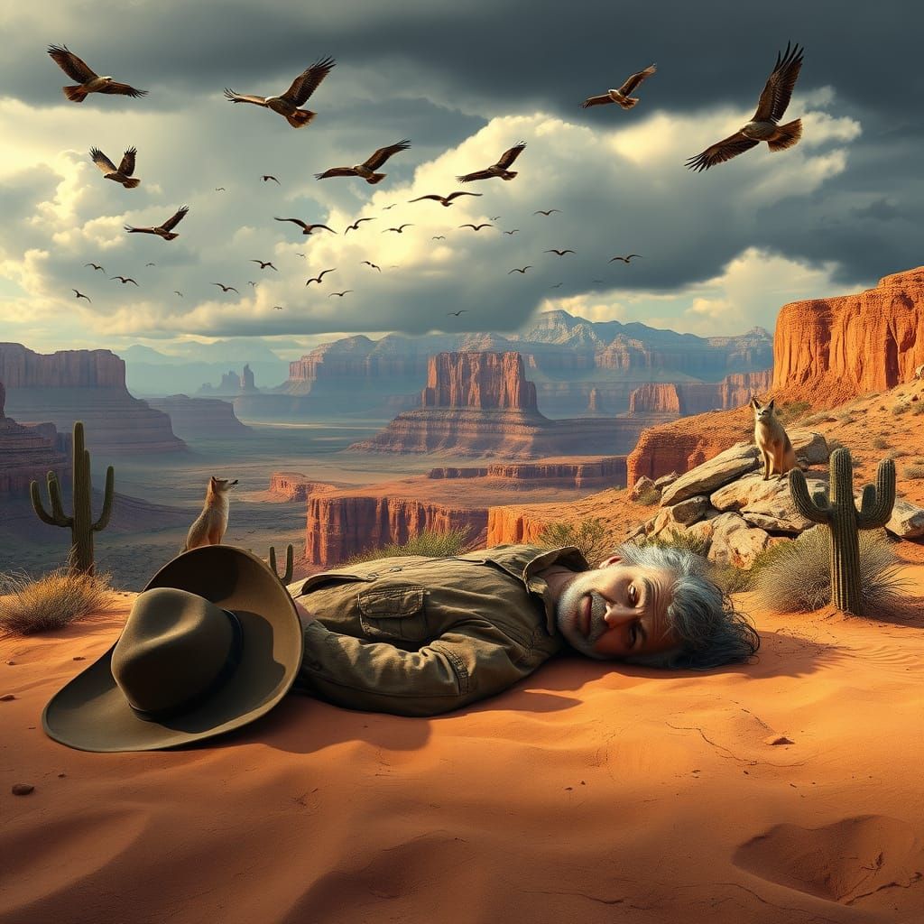 Weathered Old Prospector in Desert Landscape, Soaring Buzzar...