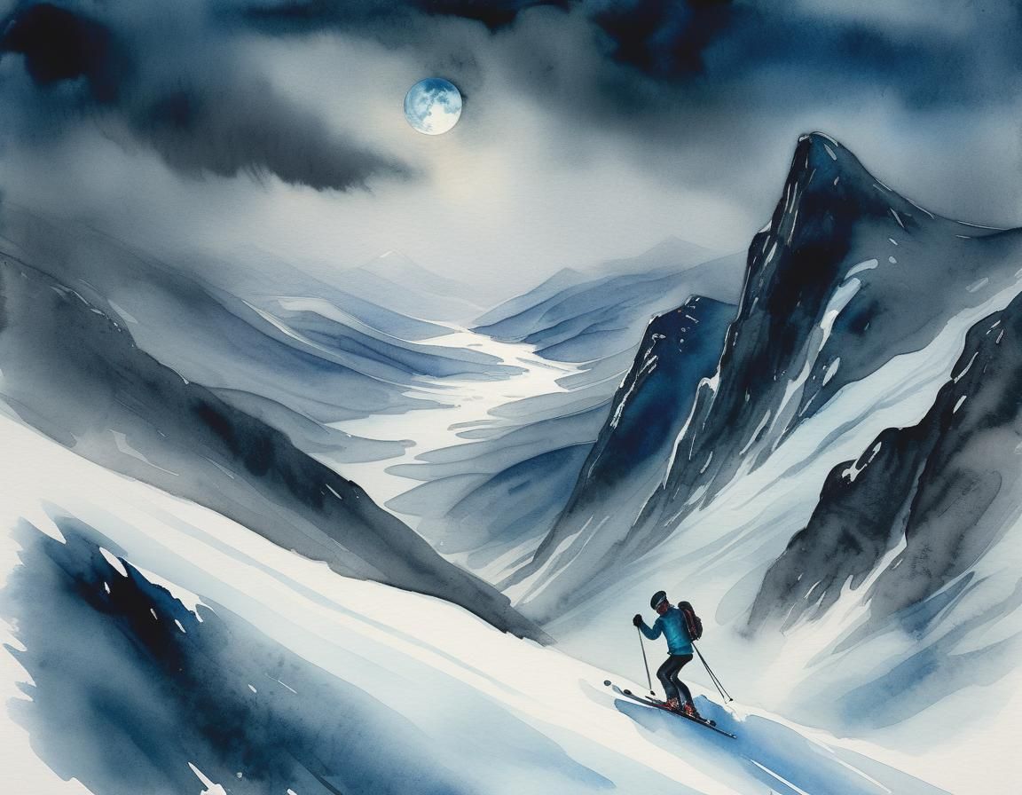 Moody Watercolour Skier Descends Norwegian Mountain