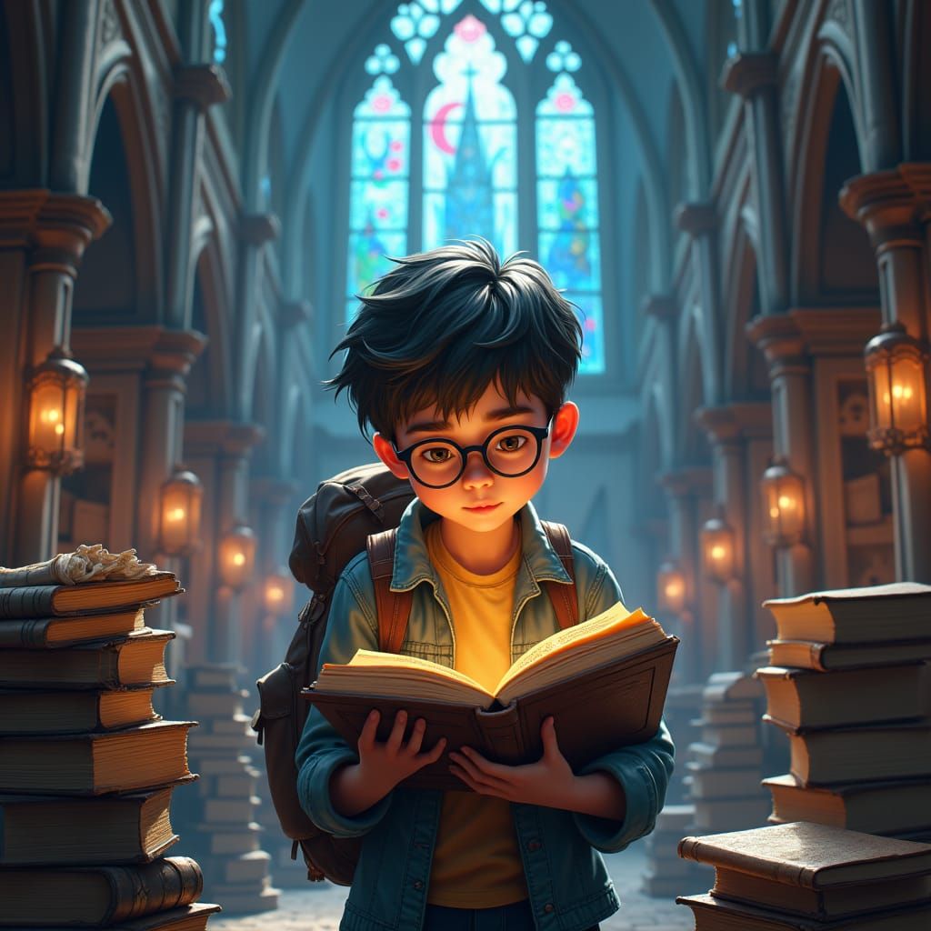 Studious Youth Immersed in Mystical Learning