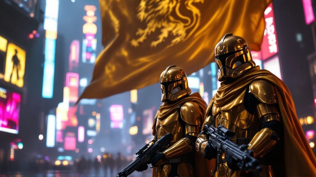Golden Clone Troopers in Cyberpunk Cityscape