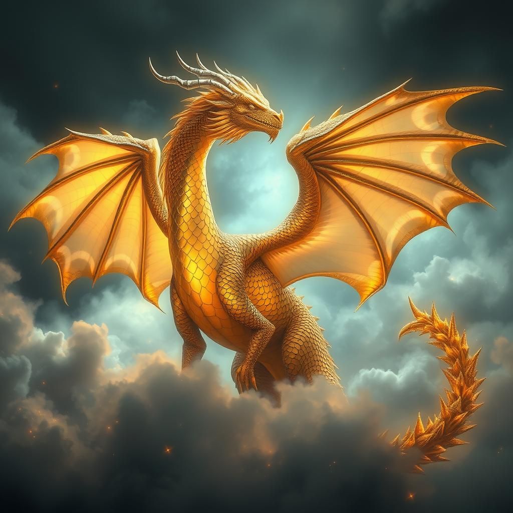 Ethereal Gold Dragon in Misty Landscape