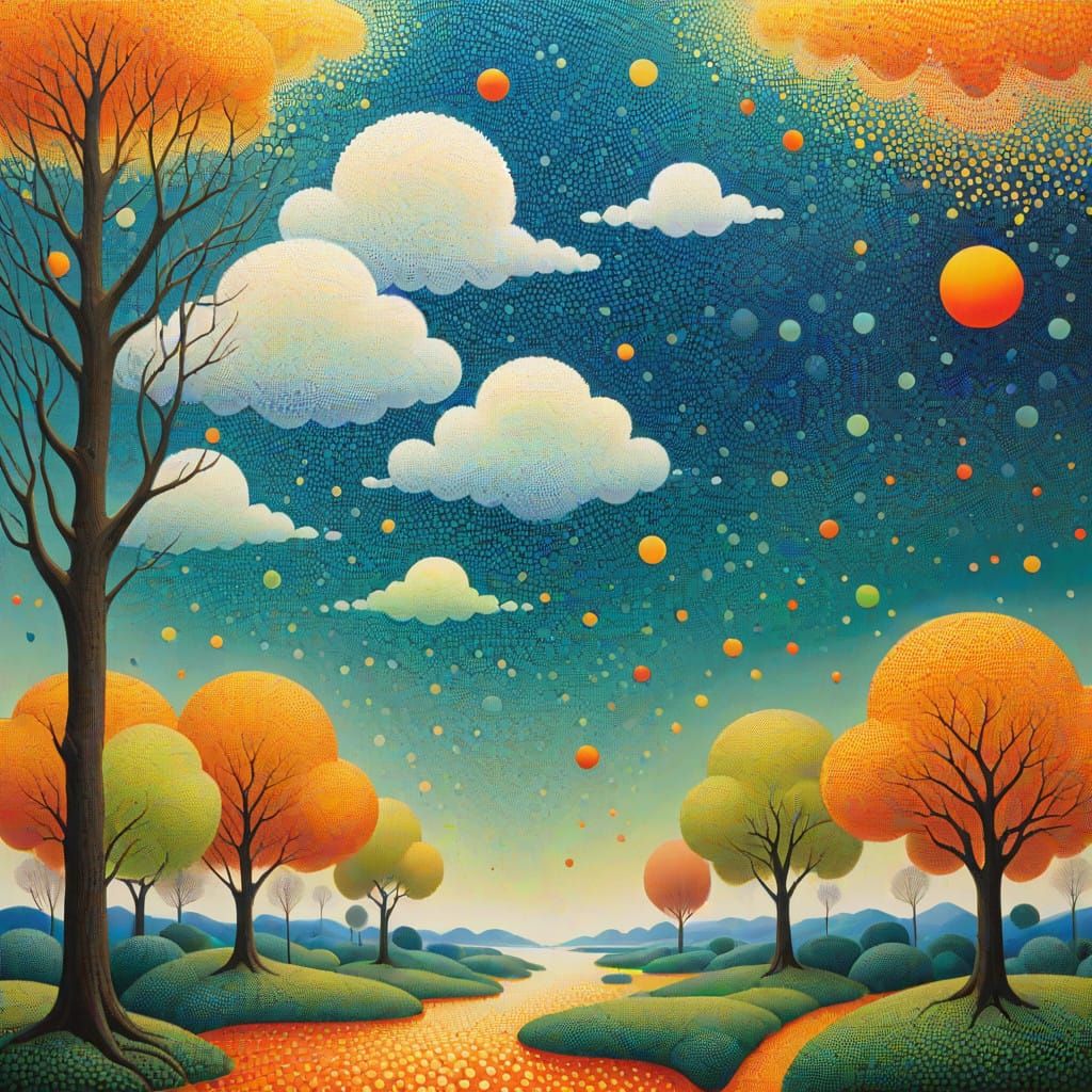 Surrealist Pointillism: Dreamlike Landscape with Swirling Cl...