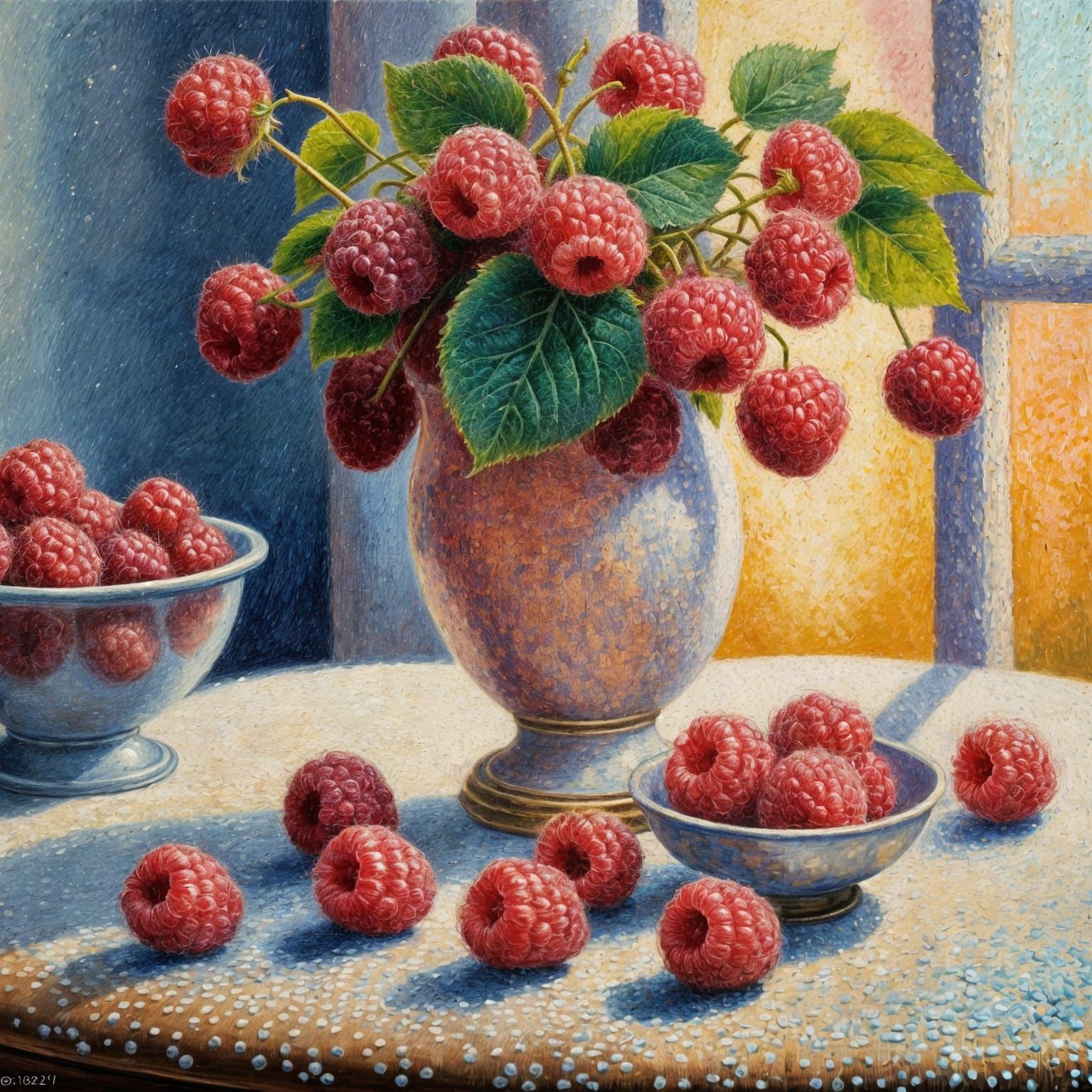 Neo-Pointillist Still Life: Raspberries in Vase