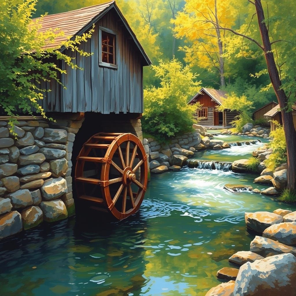 Vintage Water Mill in a Serene Forest Landscape