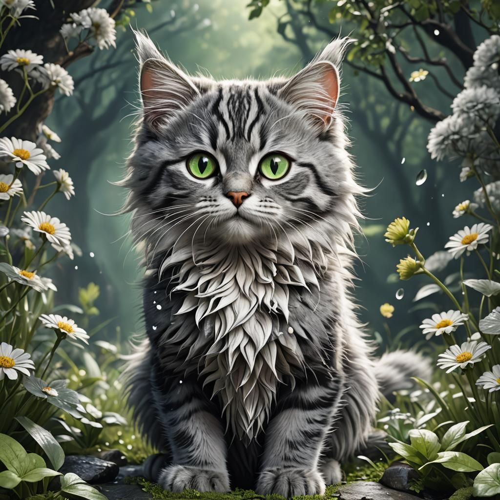 Silver Fur Cat with Green Eyes: Fantasy Art