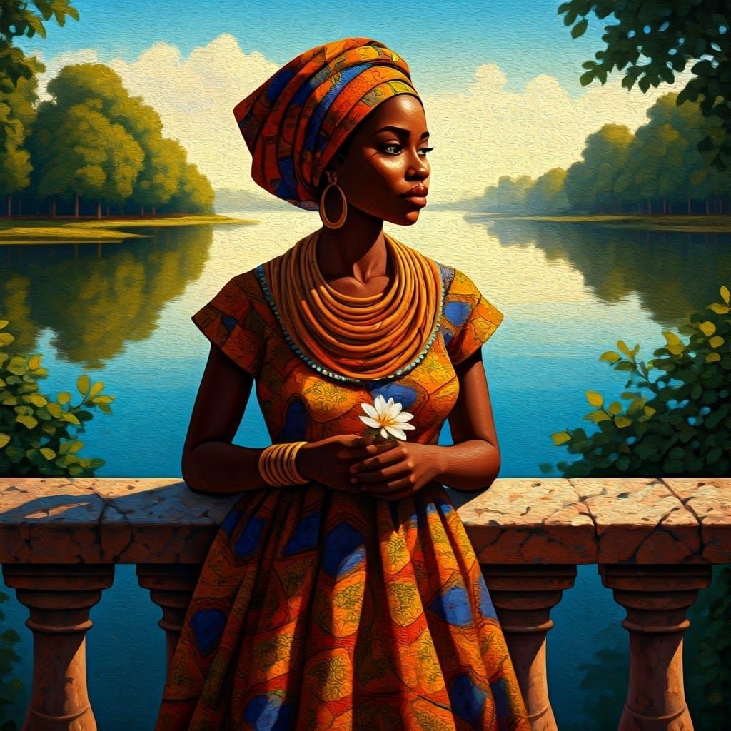 Congolese Woman in Vibrant Folk Art Oil Painting