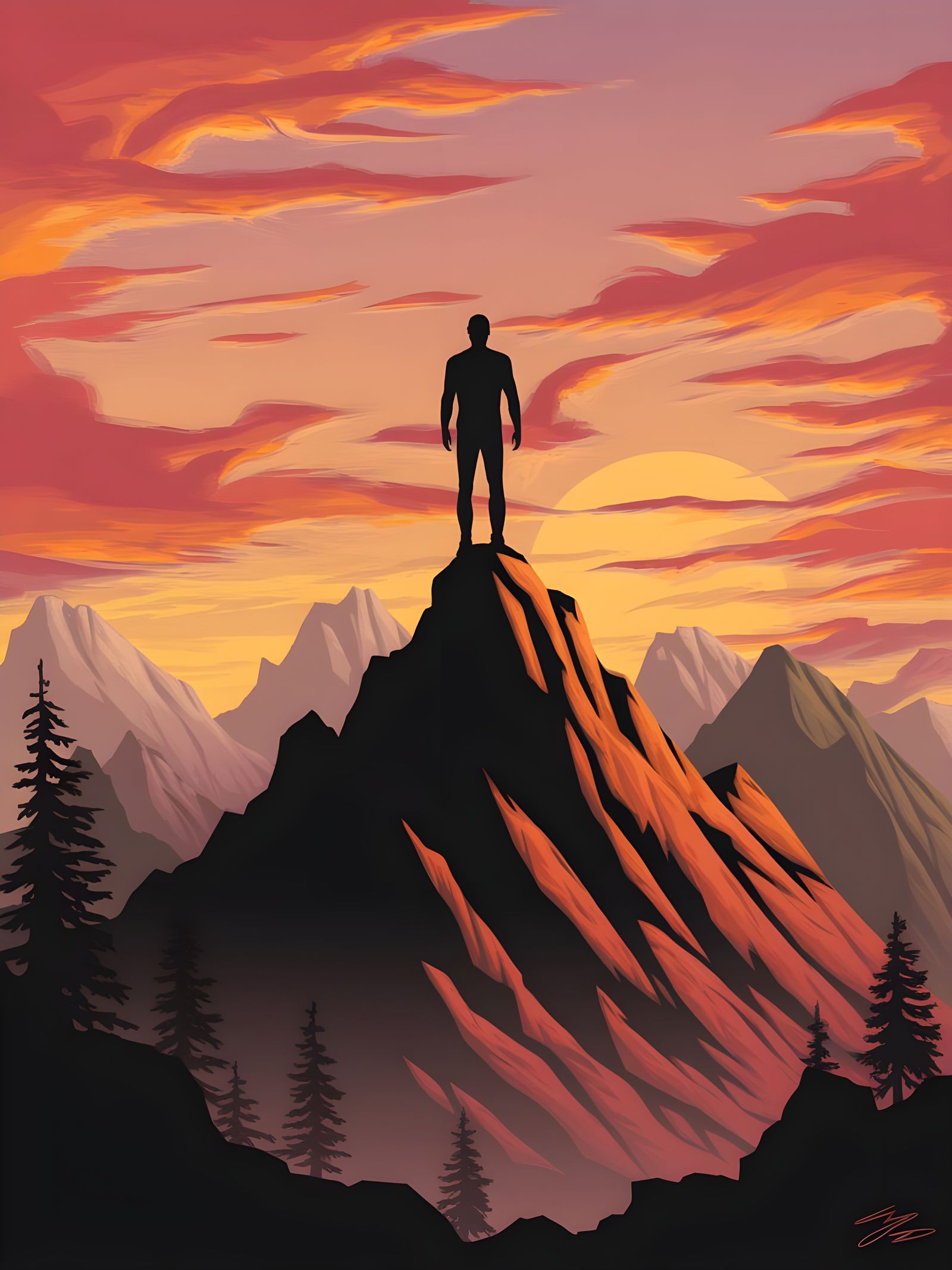 Silhouette on Mountain Peak at Sunset