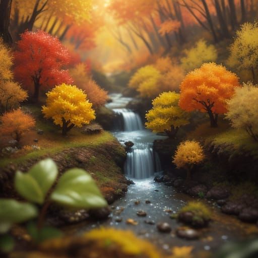 Miniature Autumn Valley with River in Hyperrealistic Style
