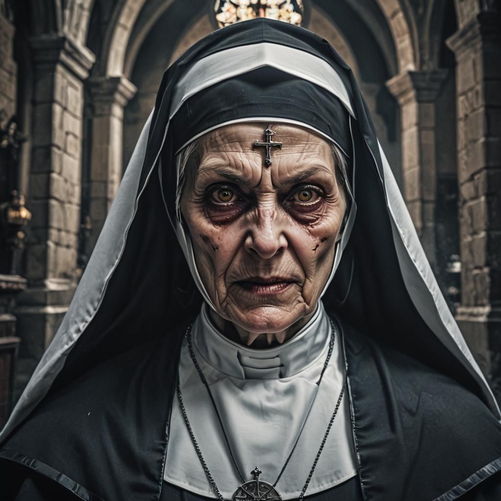 Eerie Evil Nun in Hyperrealistic Style
