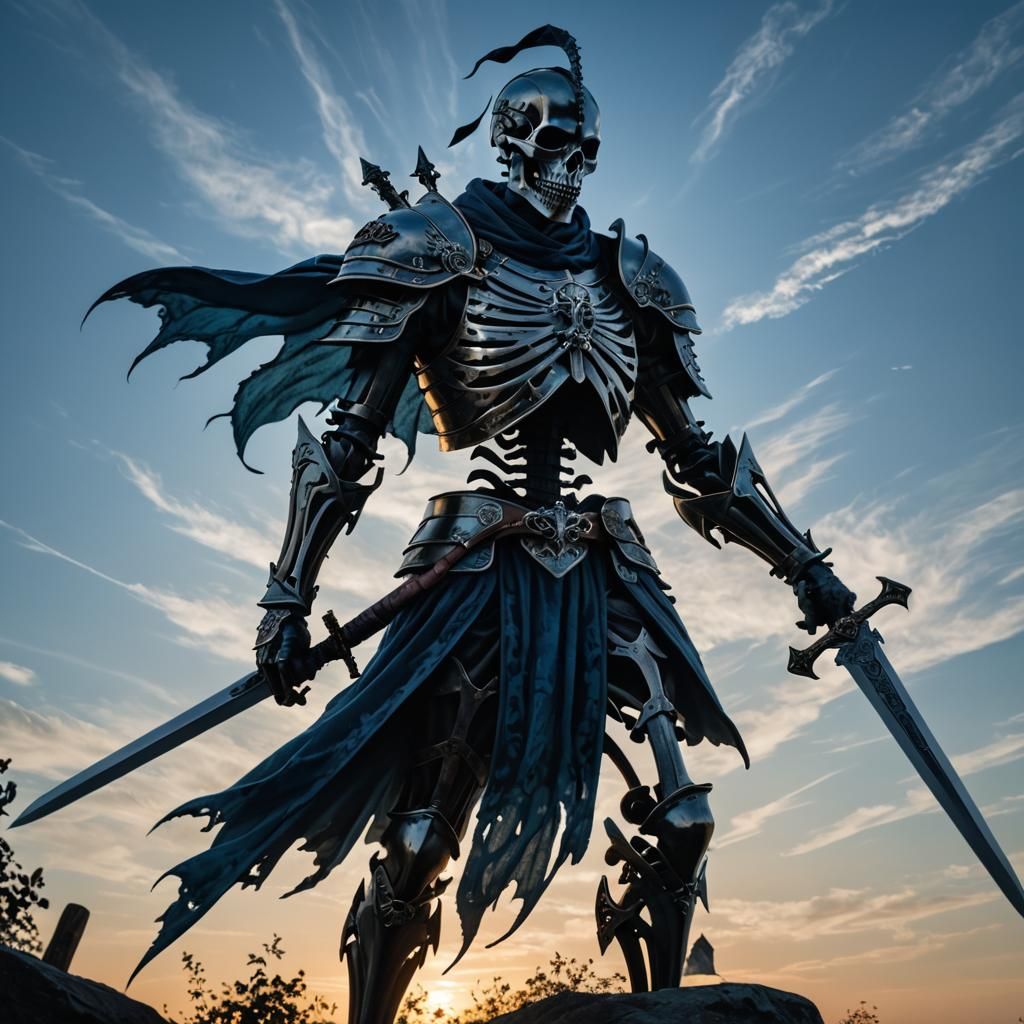 Skeletal Knight with Sword in Blue Sky