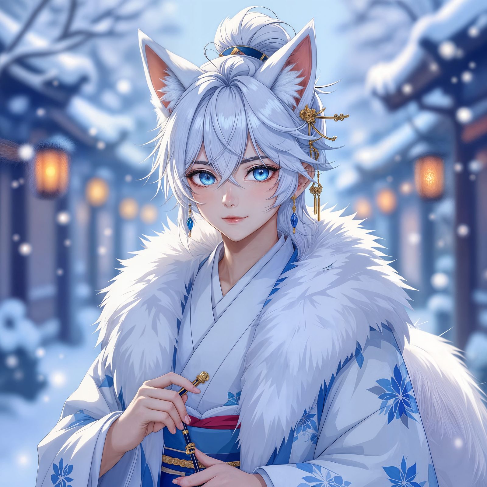 Male Kitsune in Kimono with Fox Features in Anime Style
