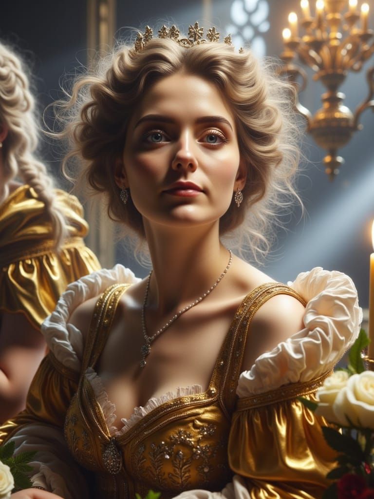 Elegant Young Queen in Golden Robes with Black Cat and Rose