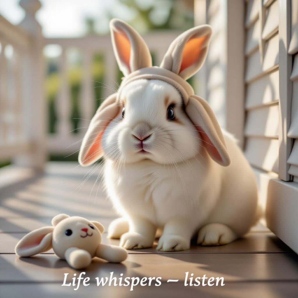 Photorealistic White Bunny Poses as Labubu on Cozy Veranda
