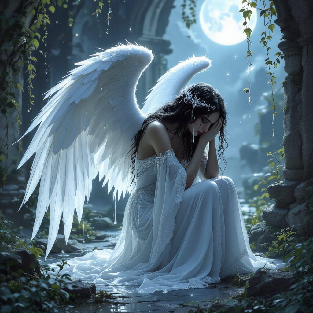 Fallen Angel Weeping in a Celestial Garden