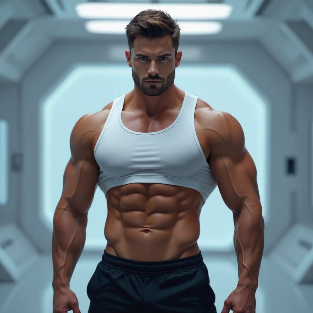 Muscular Man in Futuristic Studio, Retro-Futuristic Style