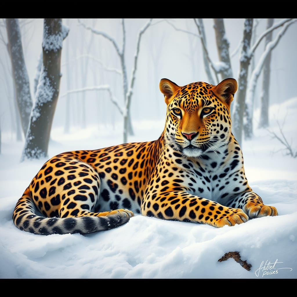 Golden Leopard in Winter Wonderland