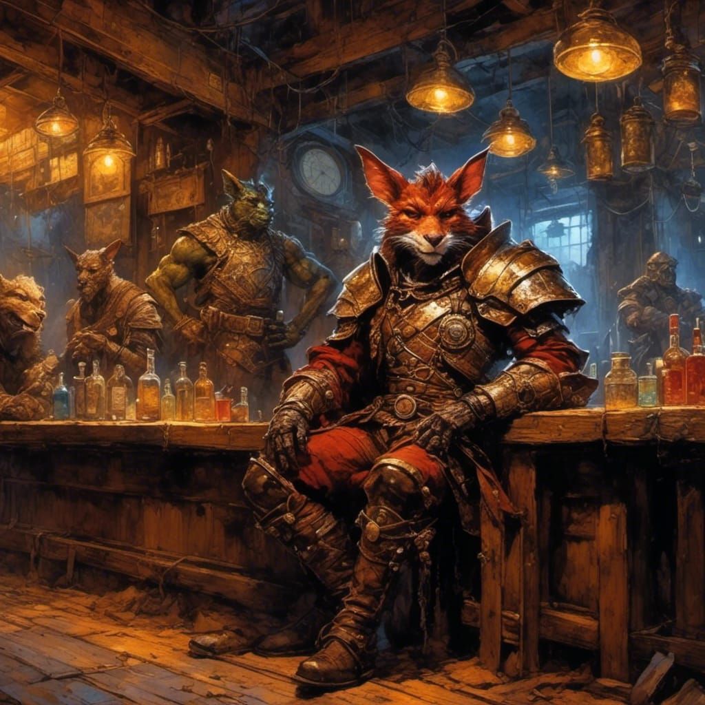 Fantasy Card Game: Tiefling and Gnoll at Bar