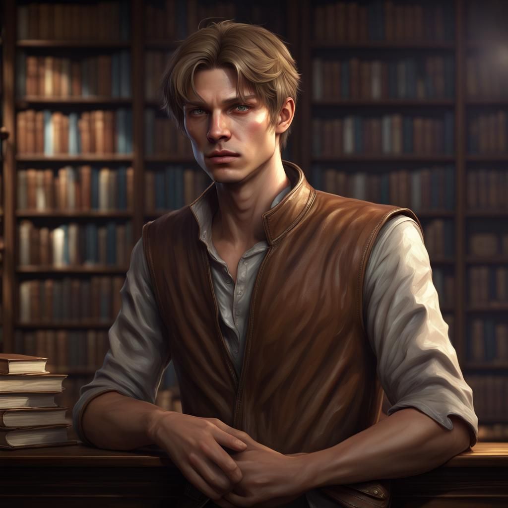 Attractive Young Man in Library, Dark Fantasy Art