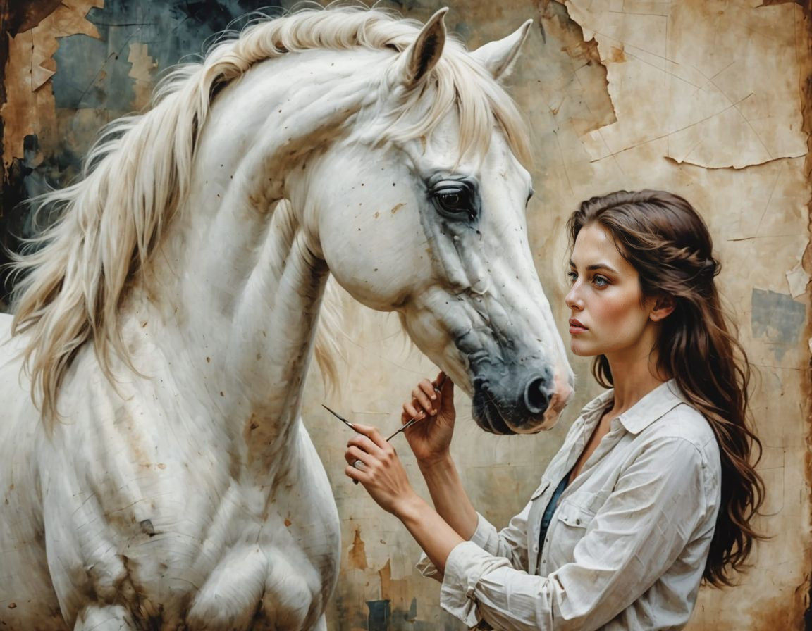 Gentle Moment with a Majestic Stallion in Realistic Oil Pain...
