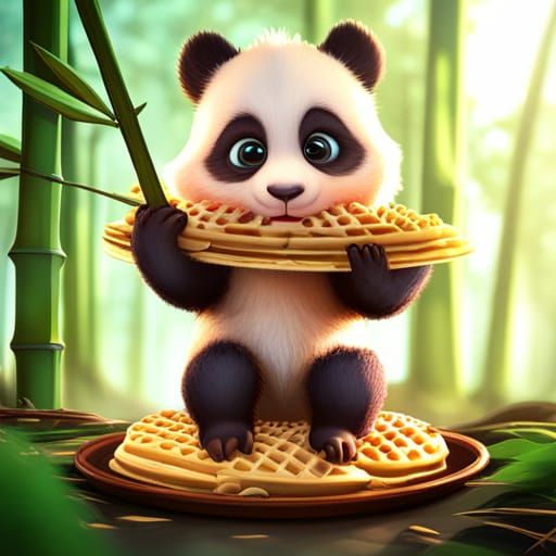 Cartoon Baby Panda Enjoys Waffles in Bamboo Forest