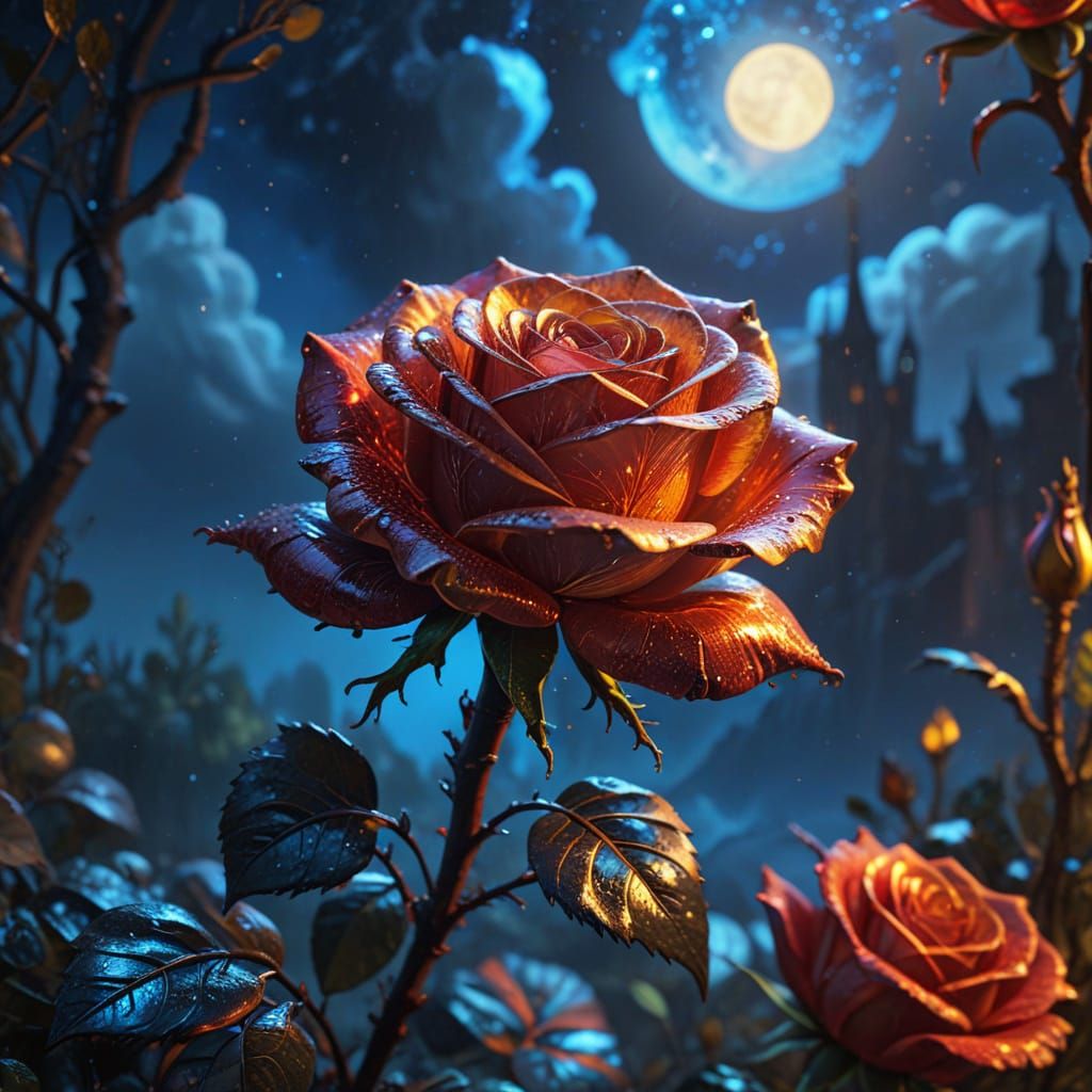 Golden Rose Under Full Moonlit Skies in Neo-Impressionist St...