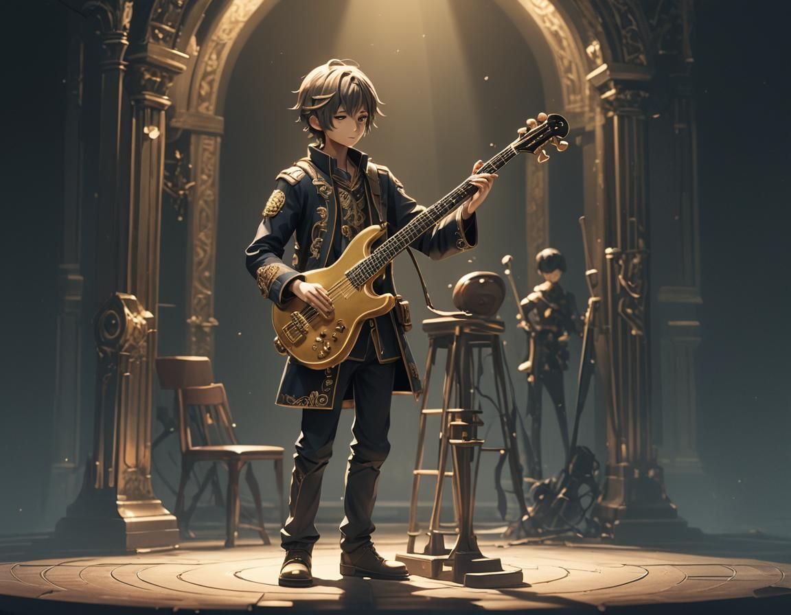 Melancholic Anime Character with Instrument in 3D
