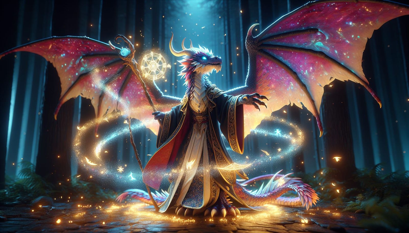 Dragon Wizard Casting Magic in Dark Forest
