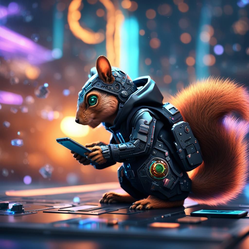 Squirrel in Hoodie Gazing at Phone in Space