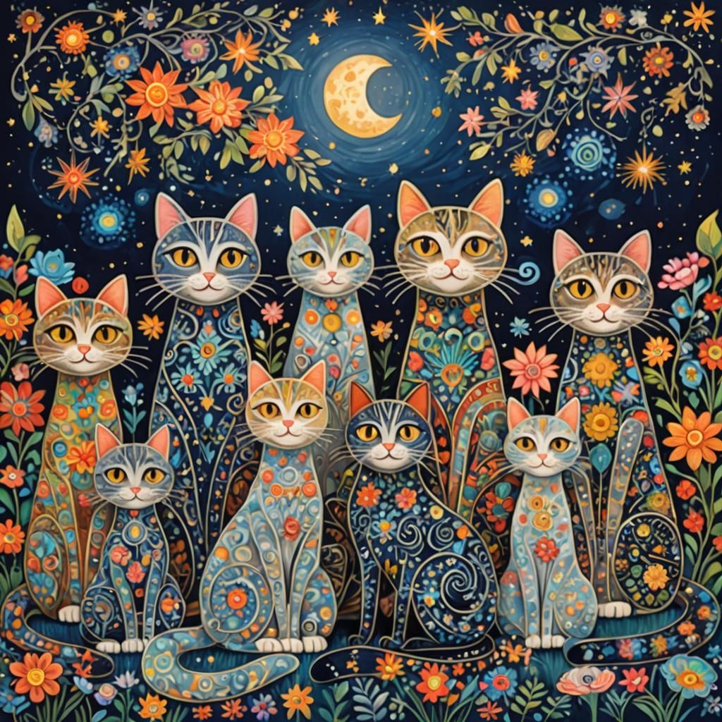 Enchanting Folk Art Cats Under Starry Night