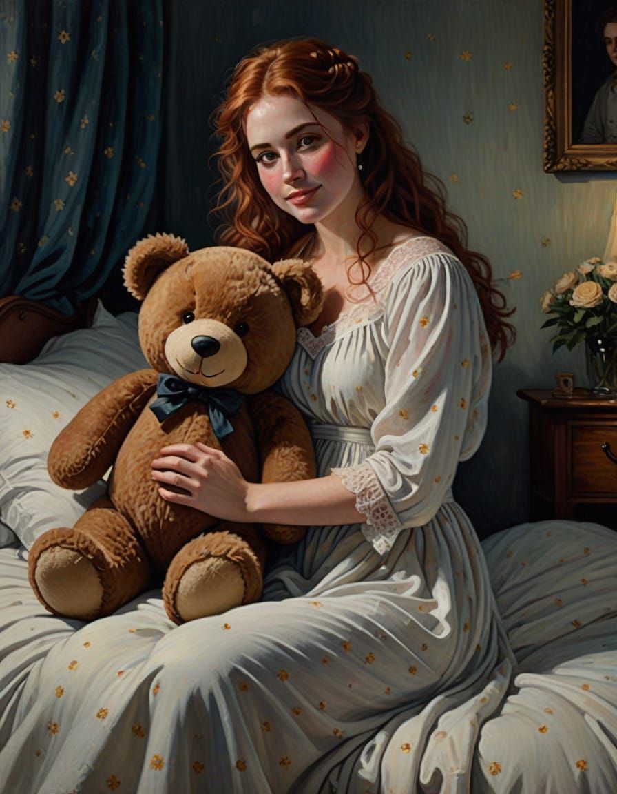 Curvy Victorian Woman with Auburn Hair in Cozy Nighttime Sce...