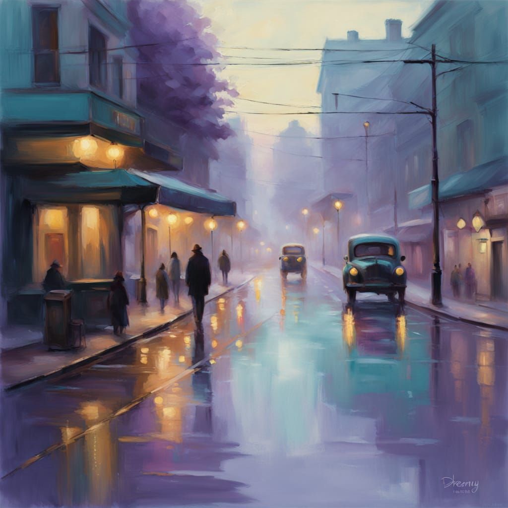 Dreamy City Street in Pastel Neon Fog