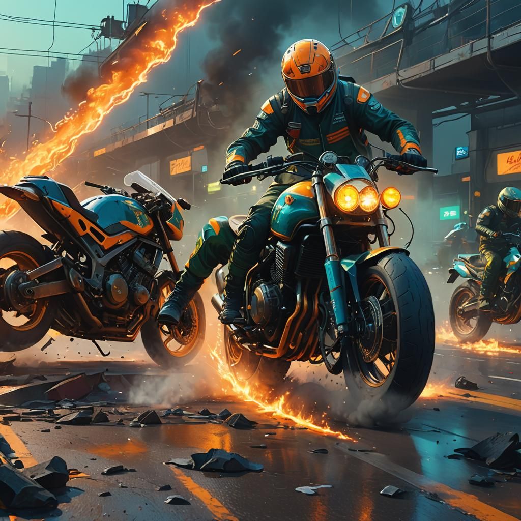 Motorbike Crash on Futuristic Track in Sci-Fi Style