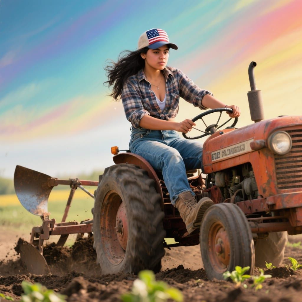 Hispanic Woman Plowing Field on Tractor, Hyperrealistic