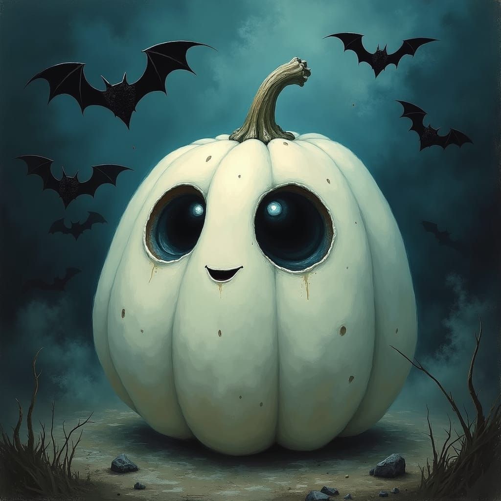 Ghostly Pumpkin with Bats in Whimsical Halloween Night