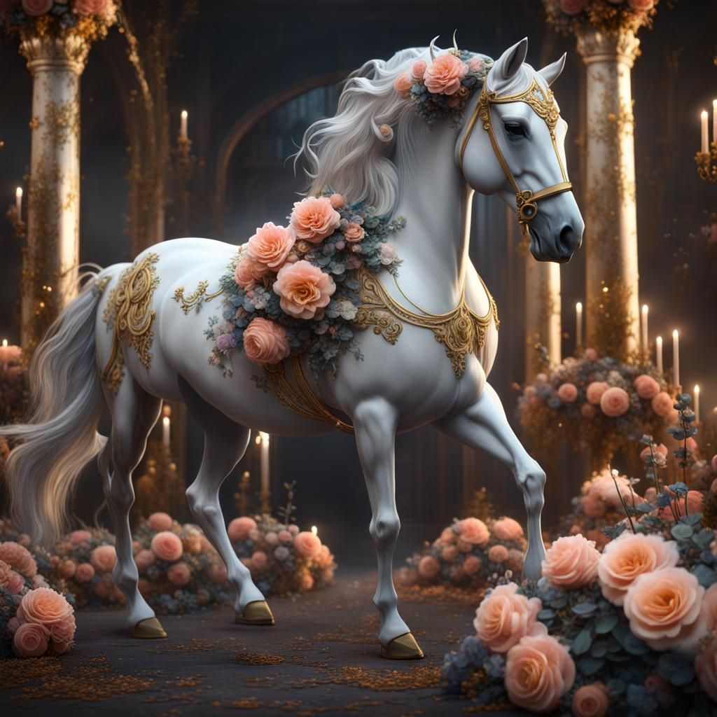Elegant Horse with Flowers: Detailed Matte Painting
