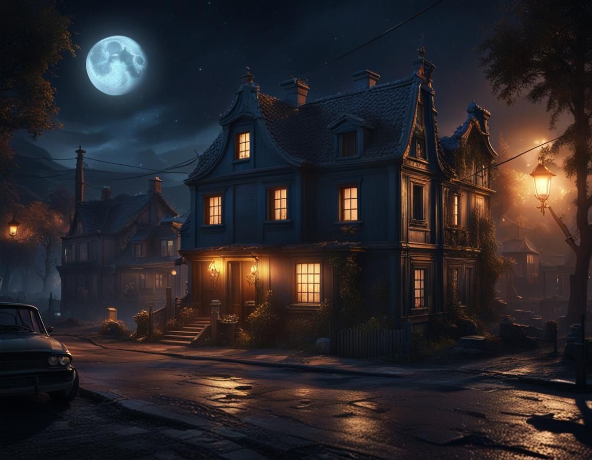 Town at Night with Car Headlights: Photorealistic Matte Pain...