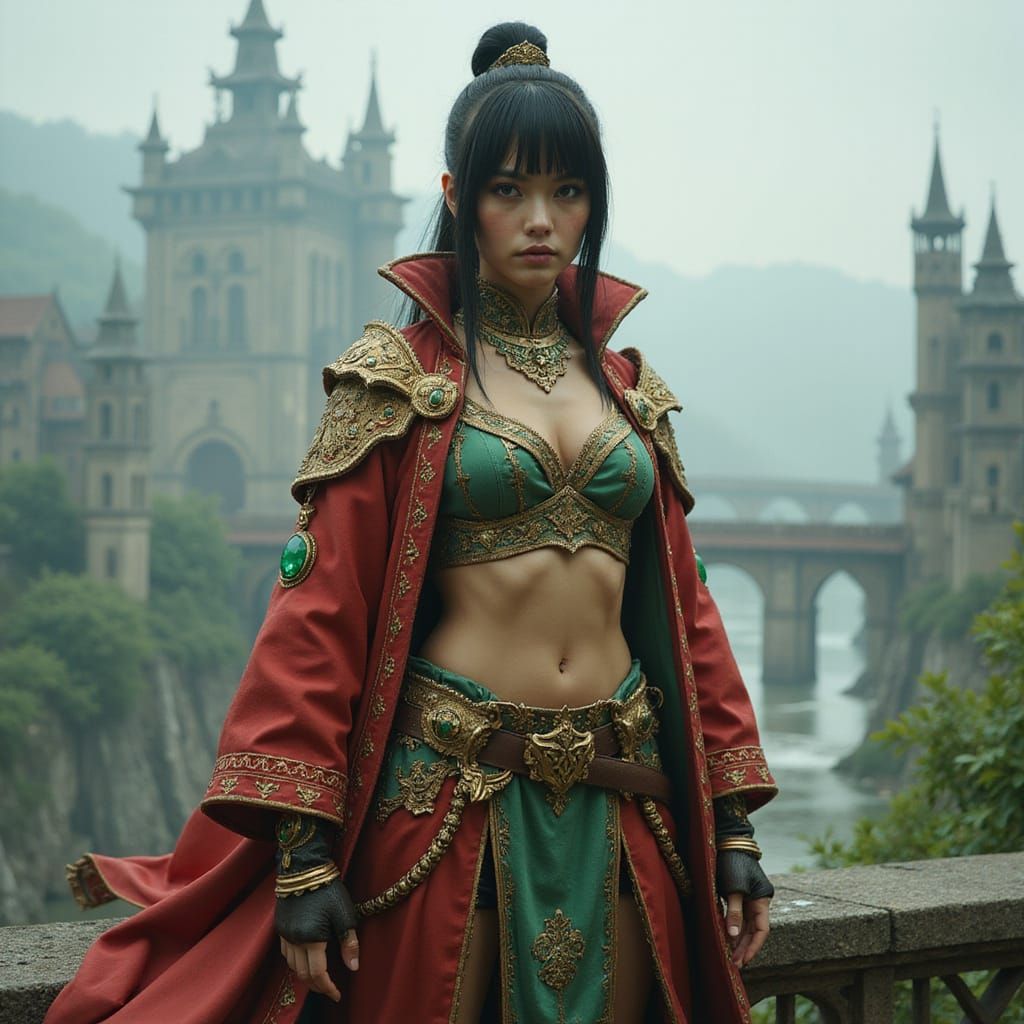Confident Fantasy Warrior in Elegant Red and Green Attire