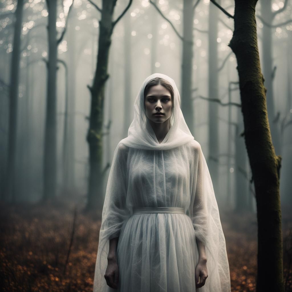 Ethereal Ghostly Figure in Misty Woodland