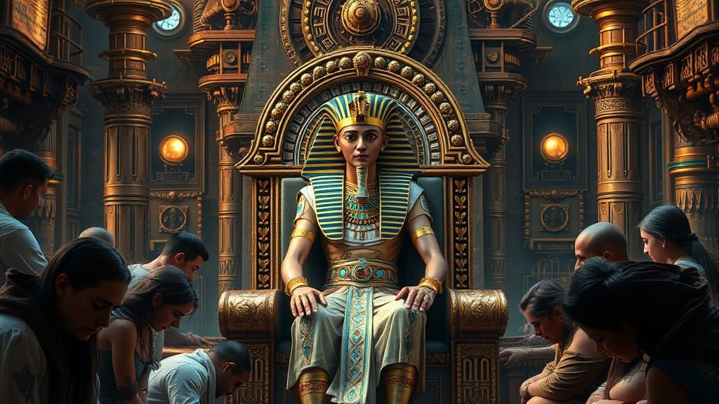 Egyptian Pharaoh in Steampunk Setting: Detailed Matte Painti...