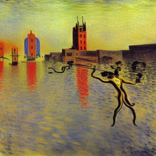 Surreal City at War in Dreamlike Impressionism