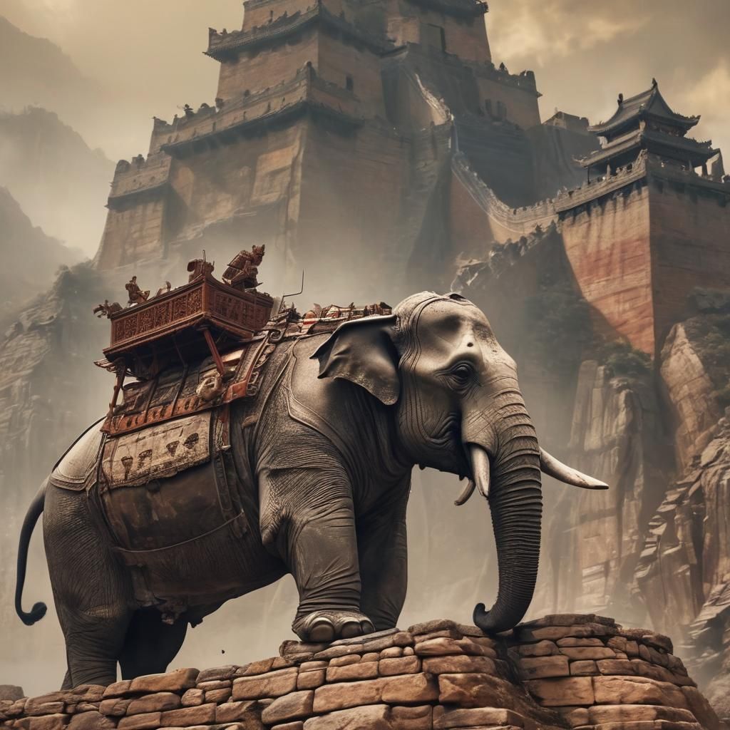 Armored Elephant Climbs Great Wall in Digital Art