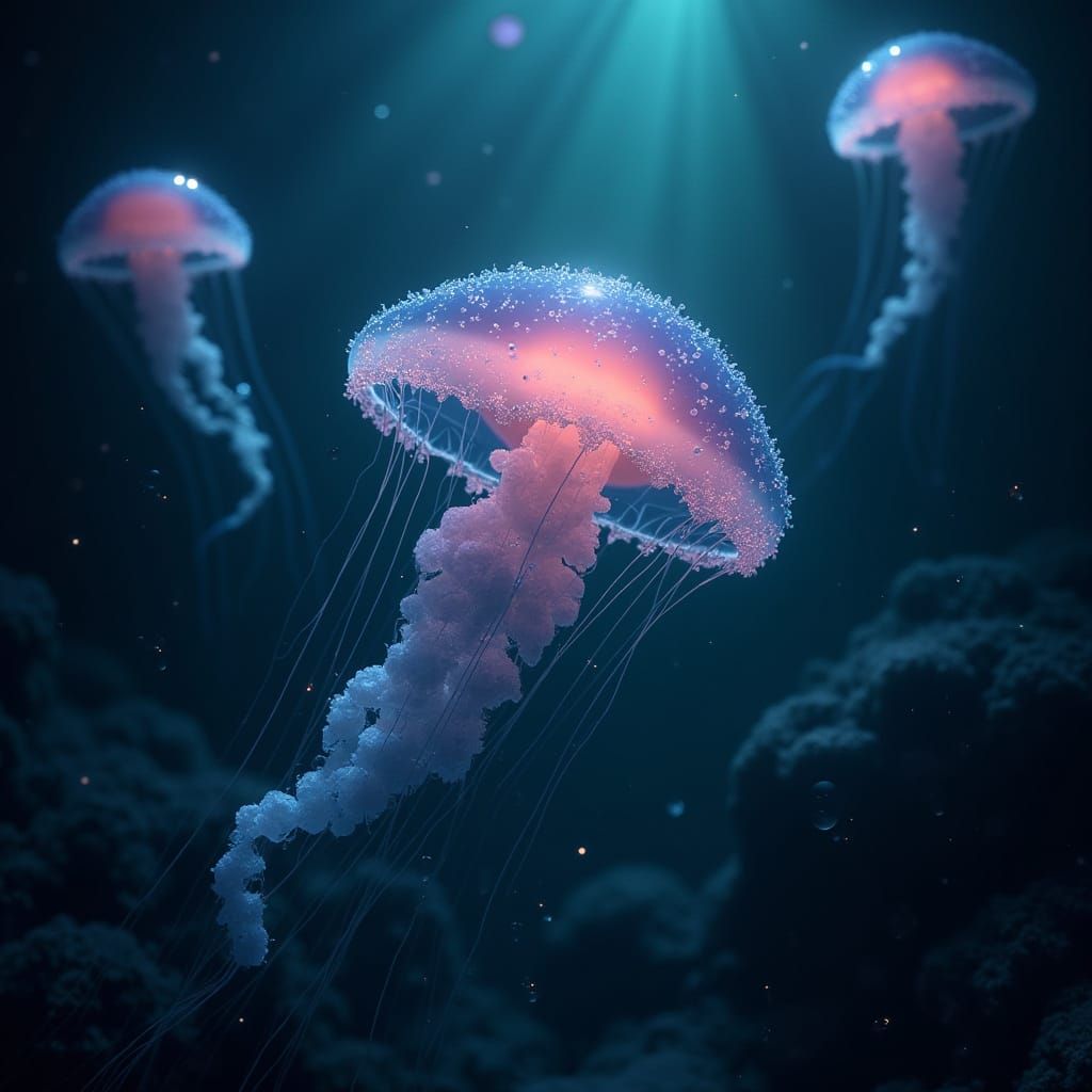 Bioluminescent Jellyfish in Alien Ocean Depths