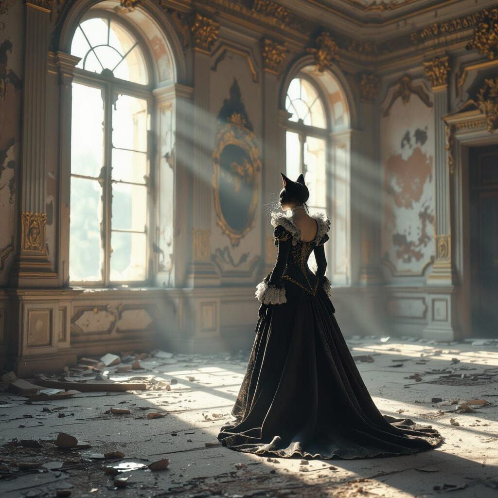 Regal Cat Person in Decaying Baroque Ballroom