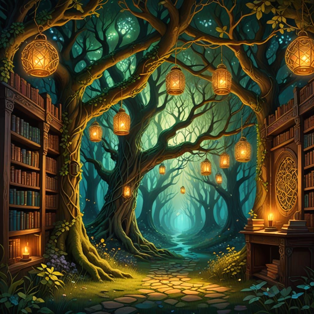 Whimsical Library Inside a Giant Oak Tree, Fairies Reading G...