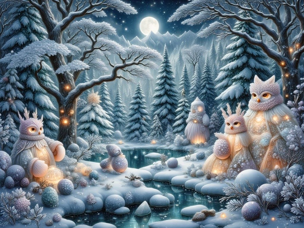 Crystalline Owls in Snowy Forest