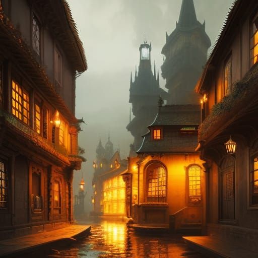 Sinister Gothic Town at Twilight in Art Nouveau Style