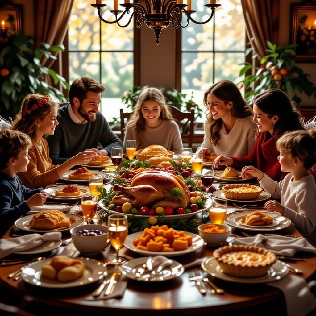 Festive Thanksgiving Feast with Family, Digital Matte Painti...