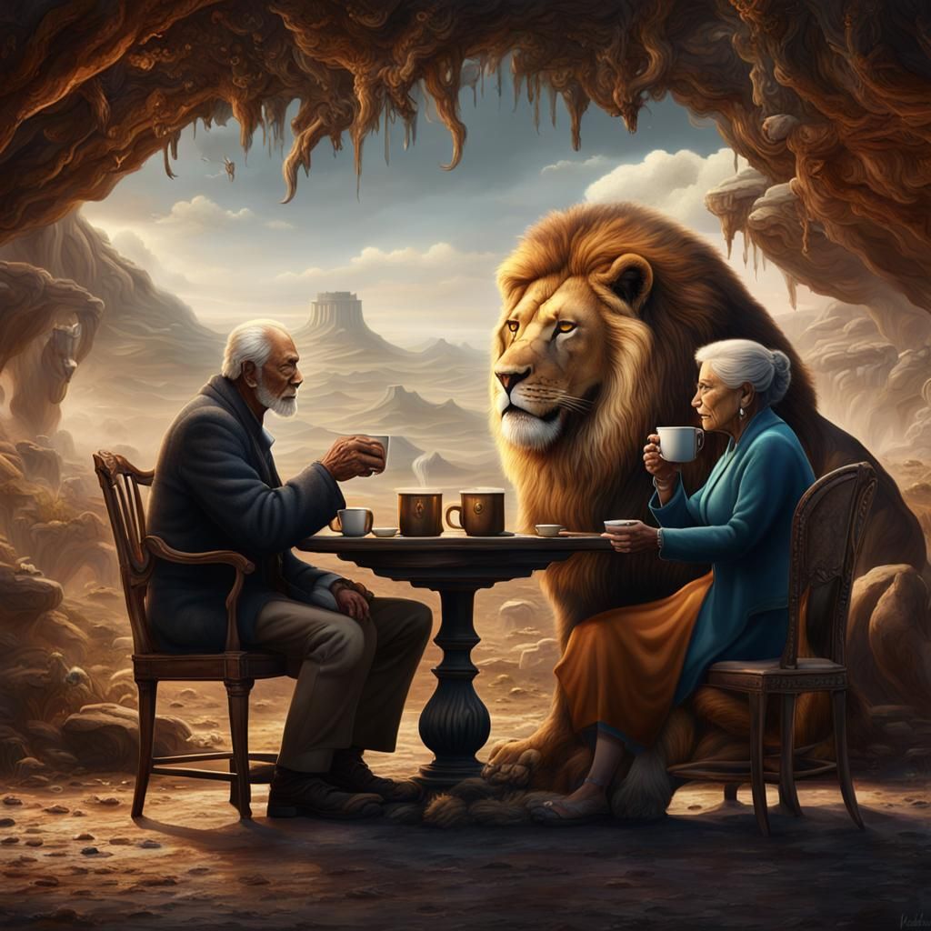 Elderly Couple's Coffee Break with Lions