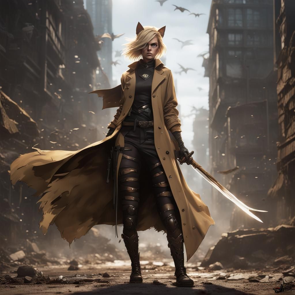 Catgirl Warrior with Katana and Shadow Wings